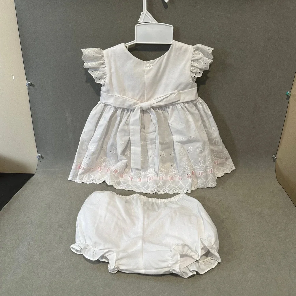Vintage‎ Baby Girl White Eyelet Lace Dress Bloomers Set Pink Ribbon 12 Months